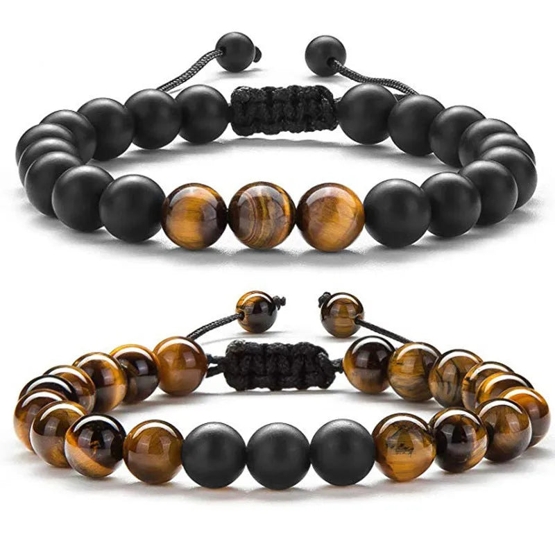 Tiger Eye couple bracelets with matte black agate beads in geometric European style design