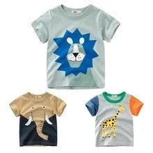 Boys' cotton T-shirt with animal print option, shown in sizes from 90cm to 140cm on a size chart.