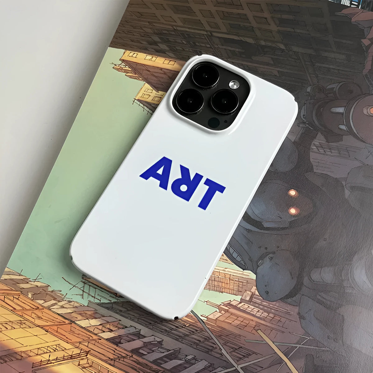 Blue art English art niche phone case for Apple iPhone, scratch resistant silicone cover, glossy hard shell, white colour