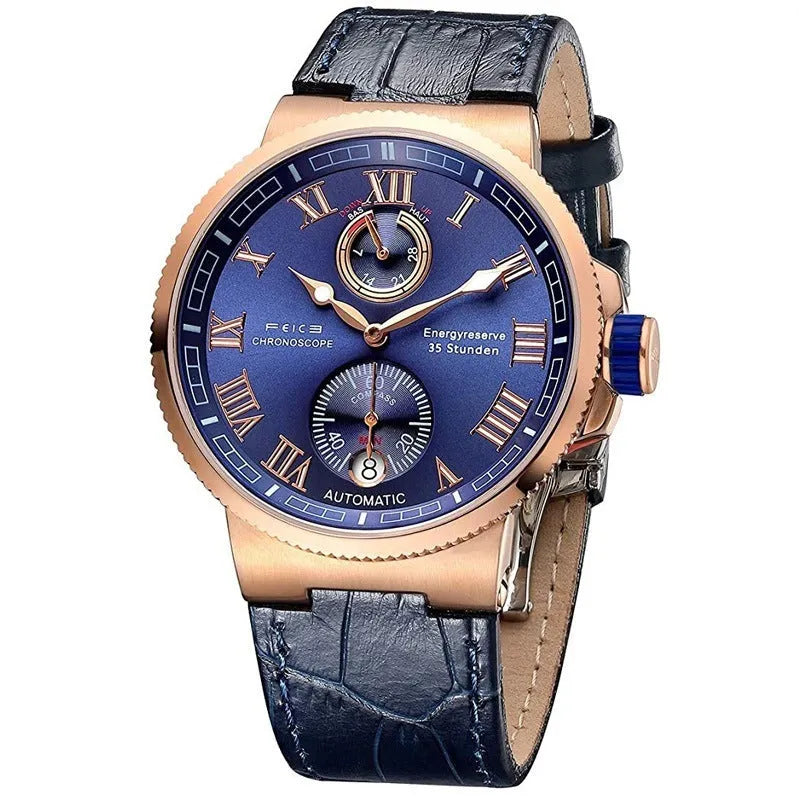 Automatic mechanical watch for men with black silicone band, luminous dial, and stainless steel watch bottom