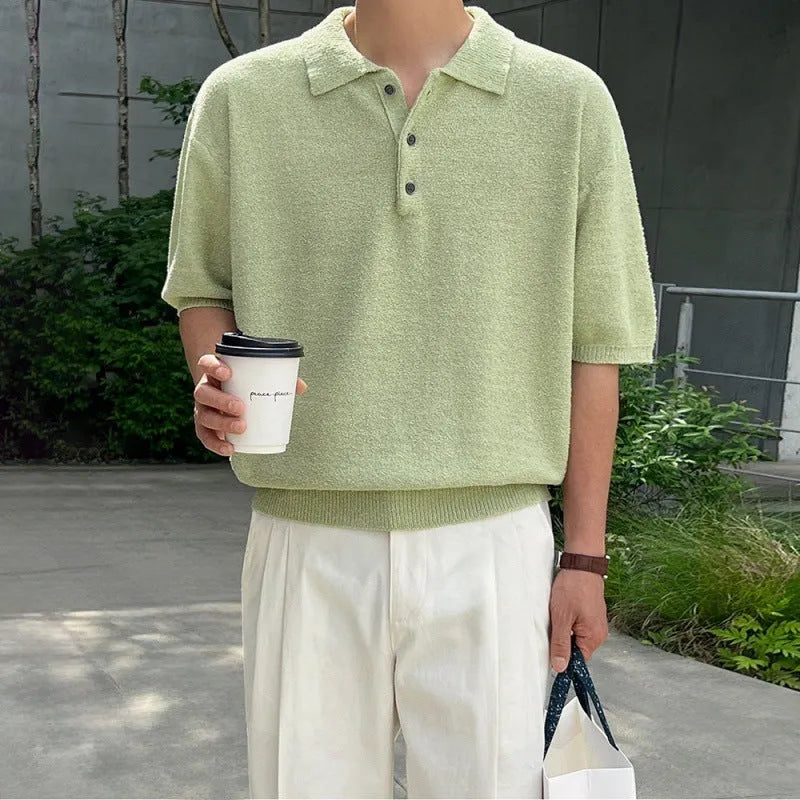 Men's caramel coloured knitted polo shirt with asymmetric design detail and short sleeves