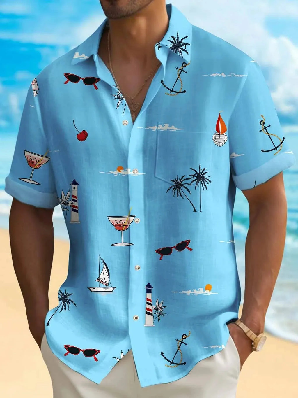 Men's loose fit Hawaiian shirt with digital printing pattern in multiple colour options