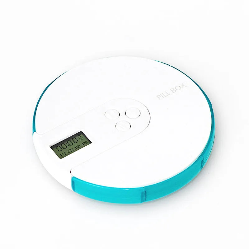 Compact blue 7-compartment alarm clock pill dispenser with digital timer display.