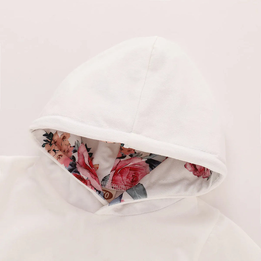White hooded cotton sleep suit for baby girl with long sleeves and trousers