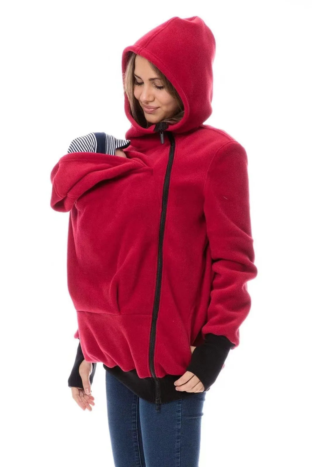 Red loose-fit women's polar fleece jumper with long sleeves on a hanger.