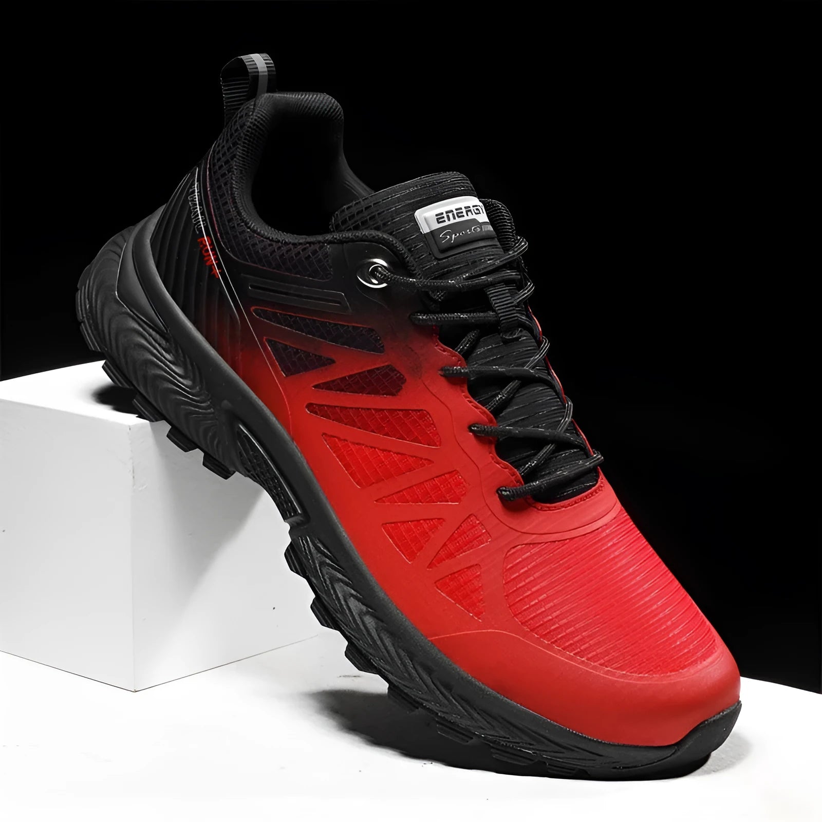 Men's black outdoor running shoes with breathable mesh upper and lace-up design, shown on a white background.