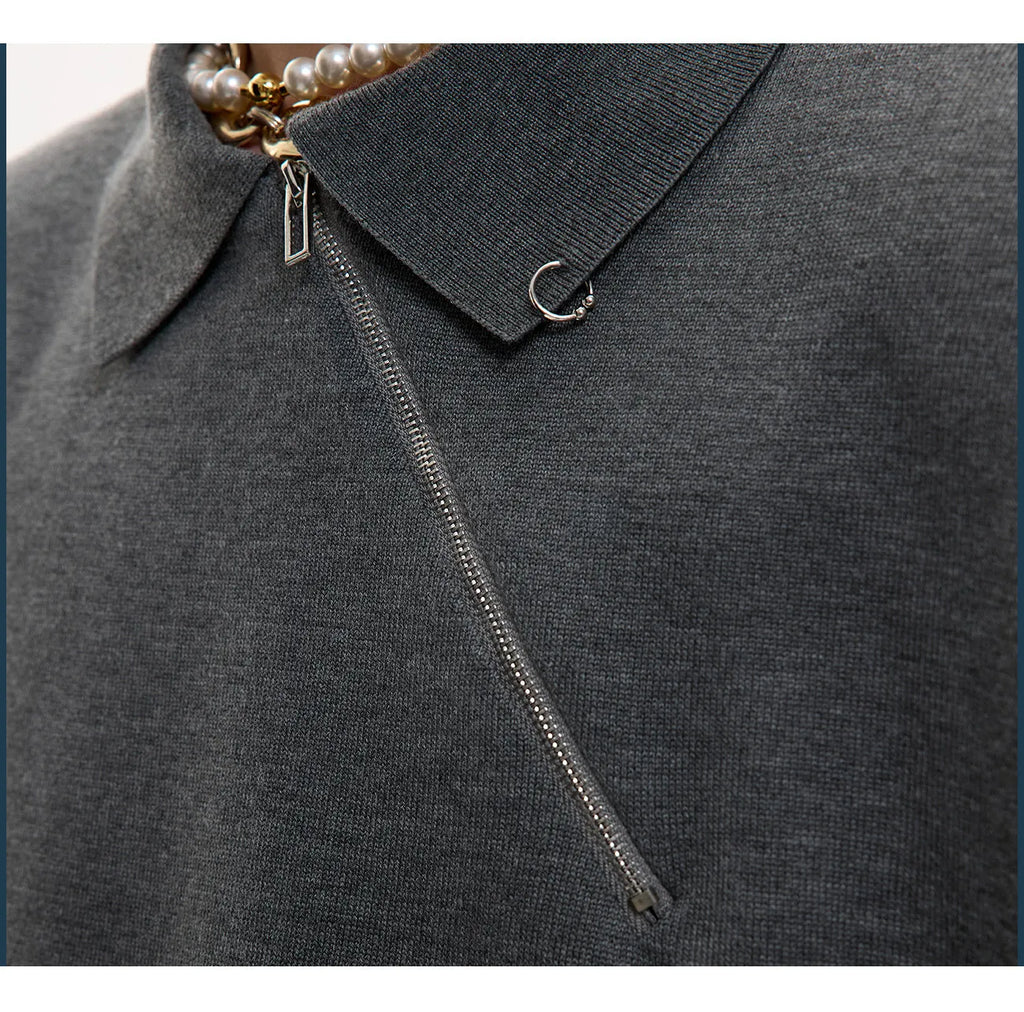 Men's slim-fit knitted polo shirt with oblique zipper in ice-feeling polyester fabric