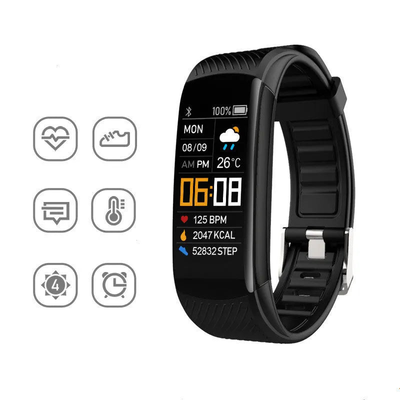 Adult sports silicone pedometer bracelet in multiple colours on wrist, showing 0.96-inch touchscreen display.