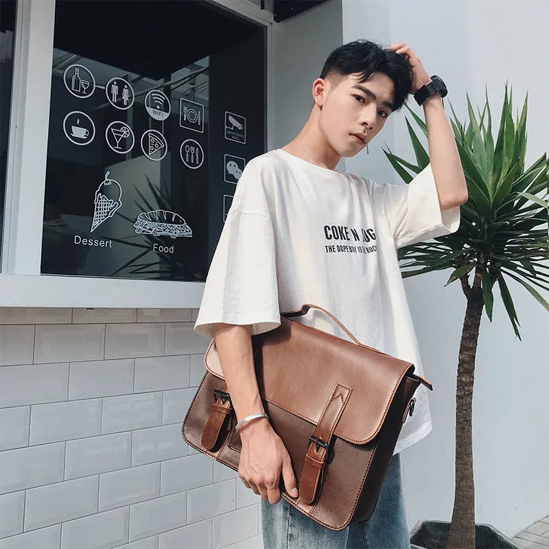 Men's casual shoulder bag in black PU leather, horizontal square shape, 36x29x11cm, with cover-style opening