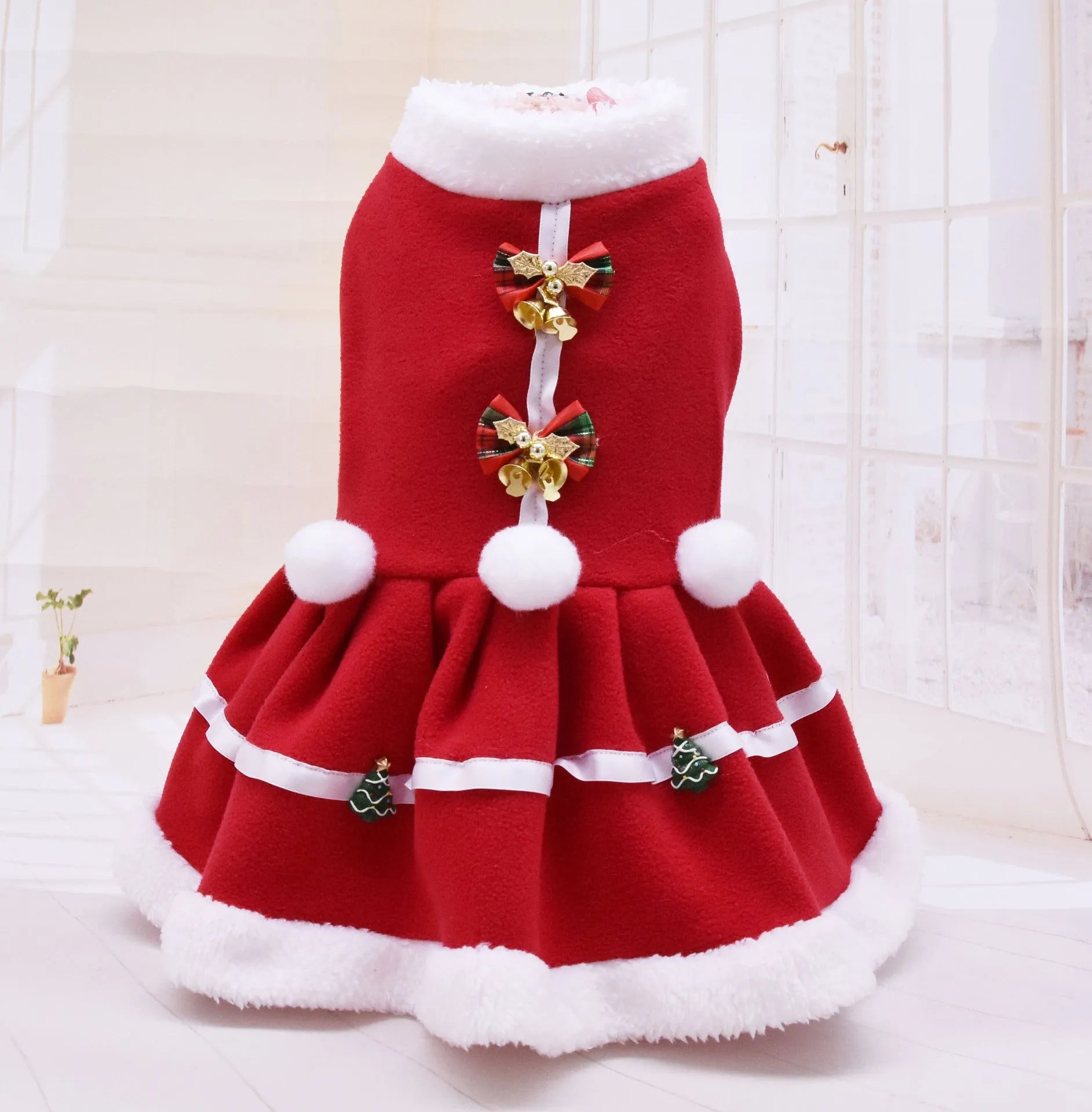 Red fleece dog dress with skirt design for small dogs, shown on a pet model
