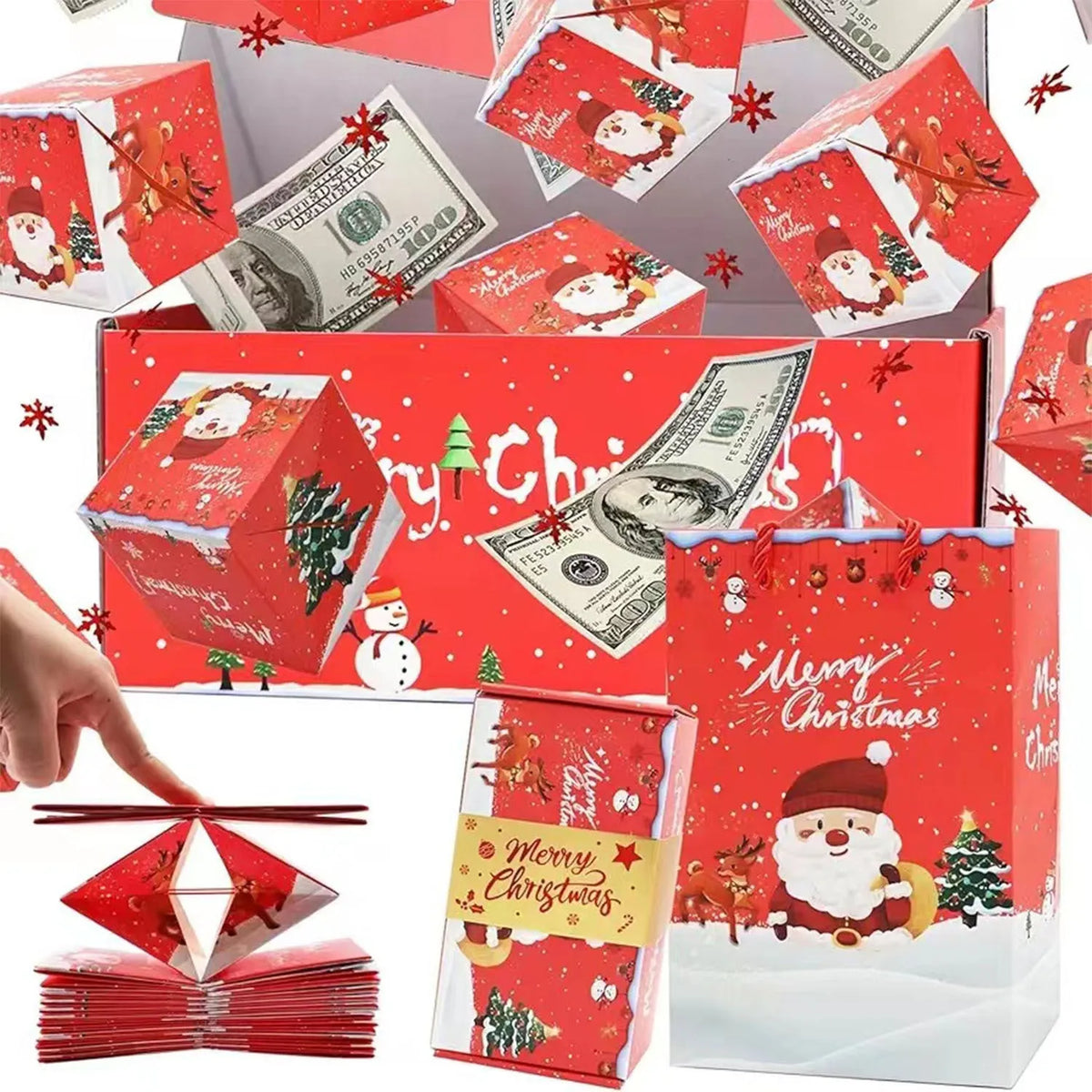 Creative surprise box birthday gift set with bounce boxes in Santa snowman design includes gift box and gift bag