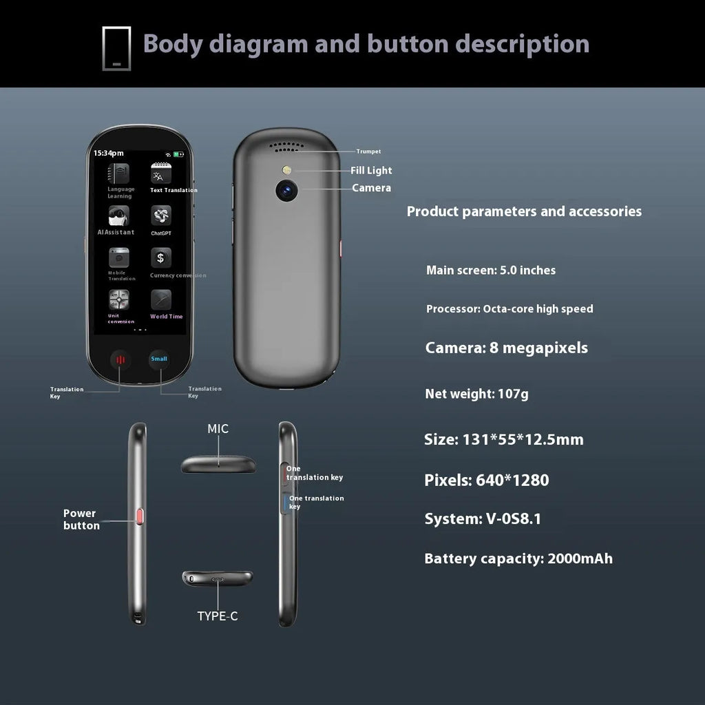 Black multi-language simultaneous interpretation translator device with charging cable and lanyard for business use.