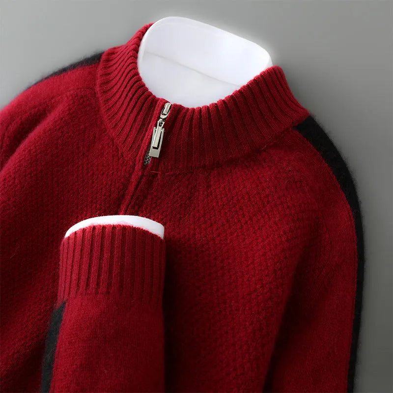 Men's slim fit half zip round neck sweater knitted from woolen yarn in grey.