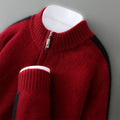 Men's slim fit half zip round neck sweater knitted from woolen yarn in grey.