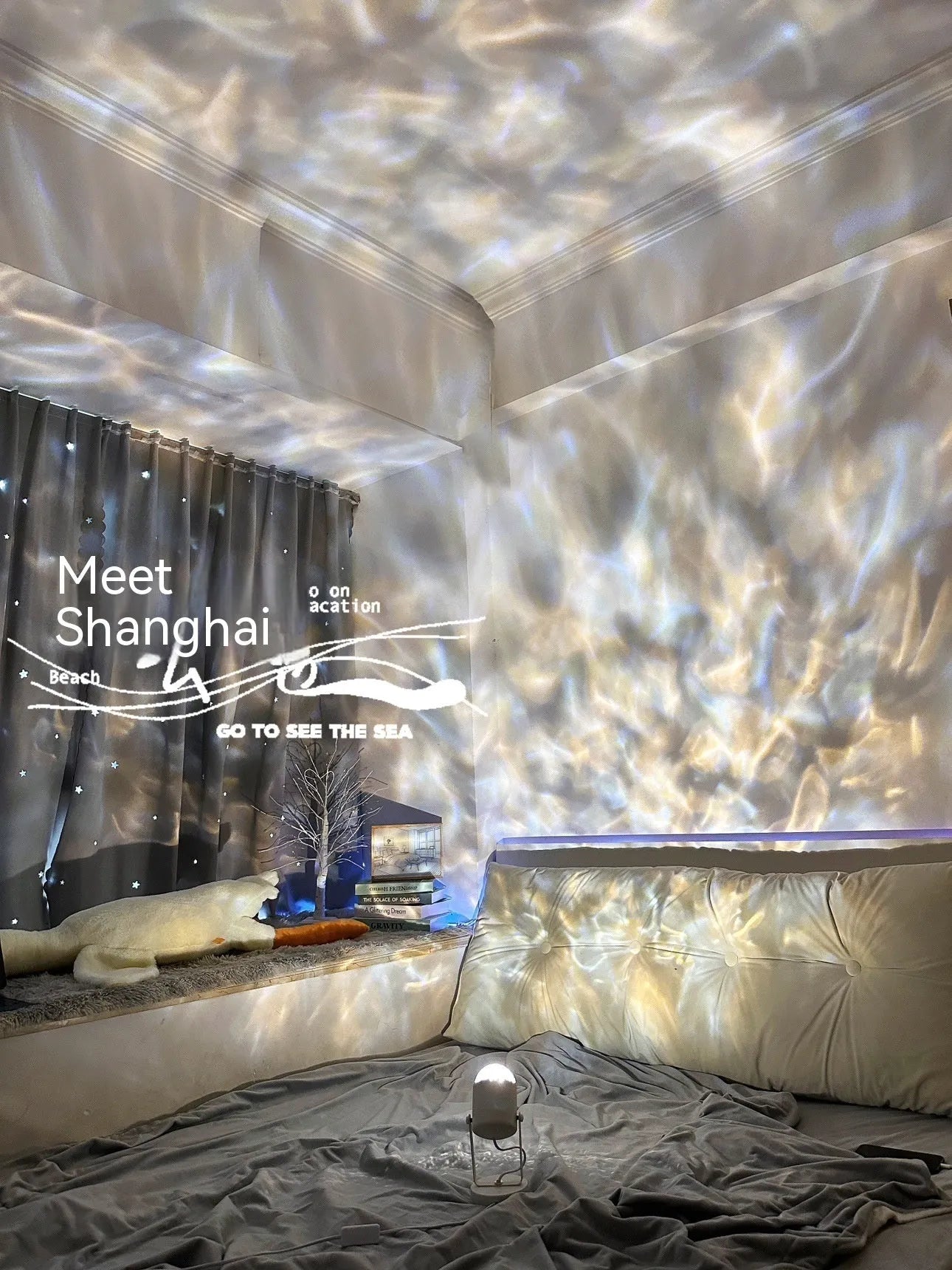 Dynamic water ripple ambience light lamp with desktop stand and ceiling mount options.