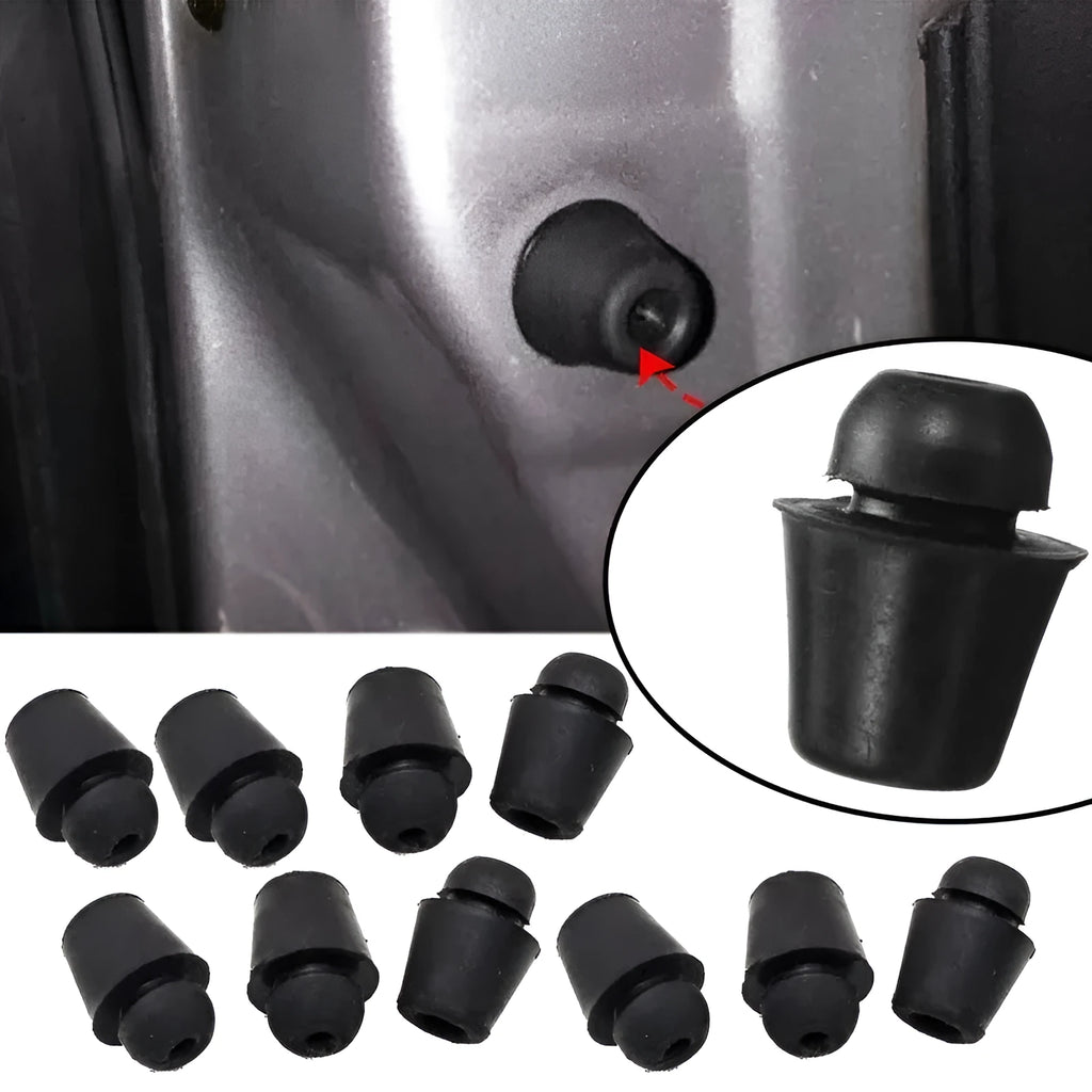 Ten black rubber automobile buckle buffer clips for shock absorption on vehicle panels.
