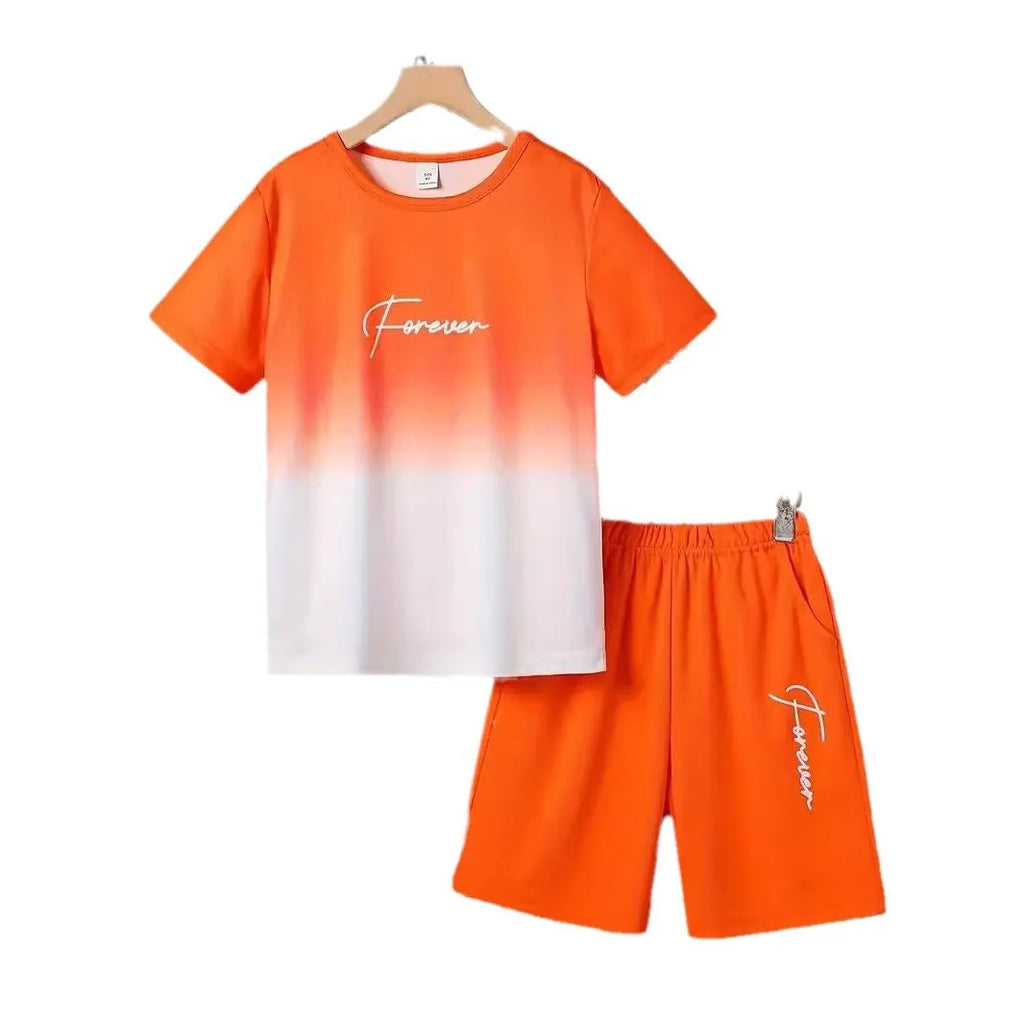 Boys' casual short sleeve t-shirt and shorts two-piece summer set with cartoon pattern in multiple colours