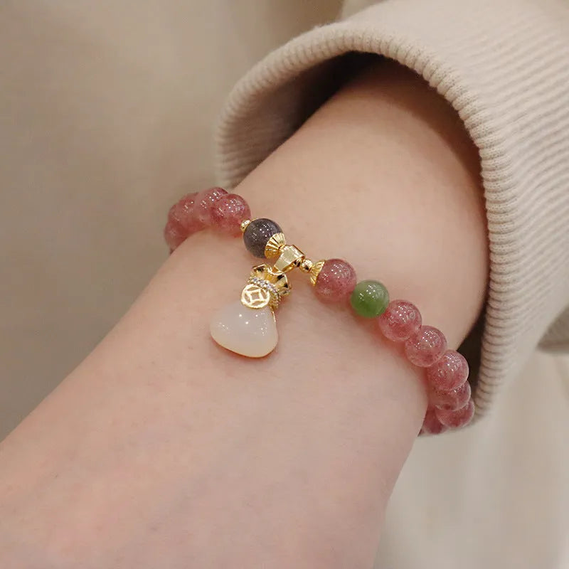 Natural strawberry quartz women's bracelet with geometric design and silver safety buckle