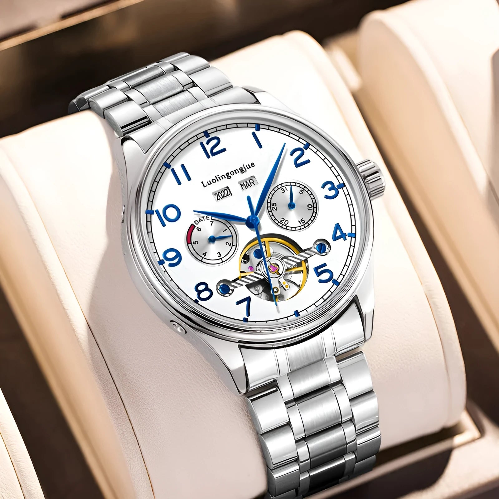 Men's stainless steel mechanical business watch with sapphire glass and genuine leather strap