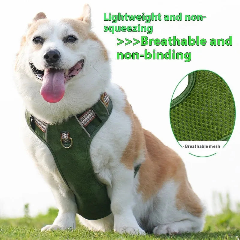Retro leather pet harness in brown with reflective stripes, explosion-proof design, available in sizes XXS to L