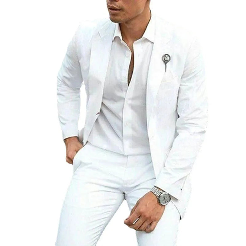White slim fit two-piece men's wedding suit for groomsmen