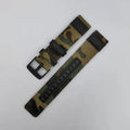 Oxford cloth watch strap shown in multiple colours including camouflage, with sizing options for 20mm, 22mm, and 24mm widths.