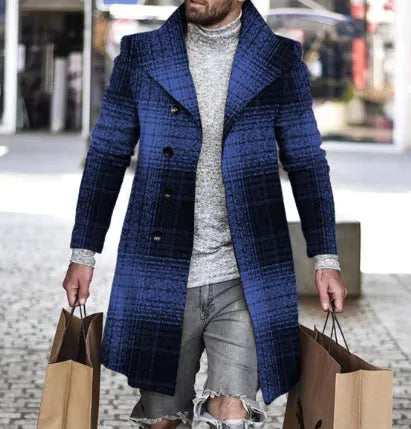 Men's plaid coat with lapel collar and quilted lining in black check pattern, front view