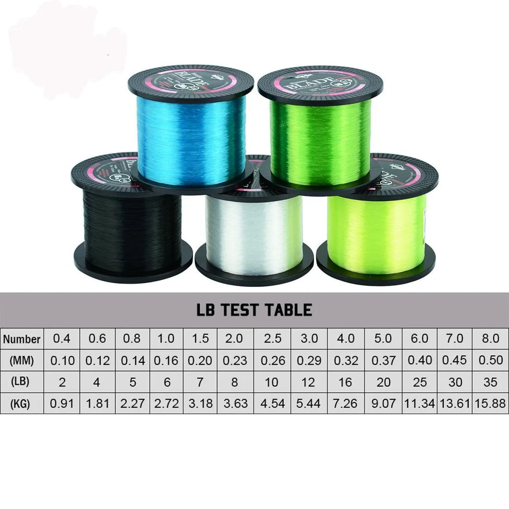 Roll of Seaknight1000 M nylon fishing line showing available colours: white, green, blue, yellow, black.