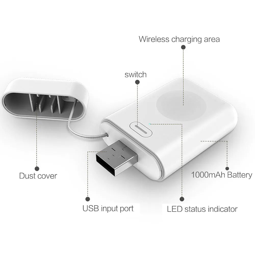 White 1000mAh wireless magnetic portable charger for Apple Watch showing compact size