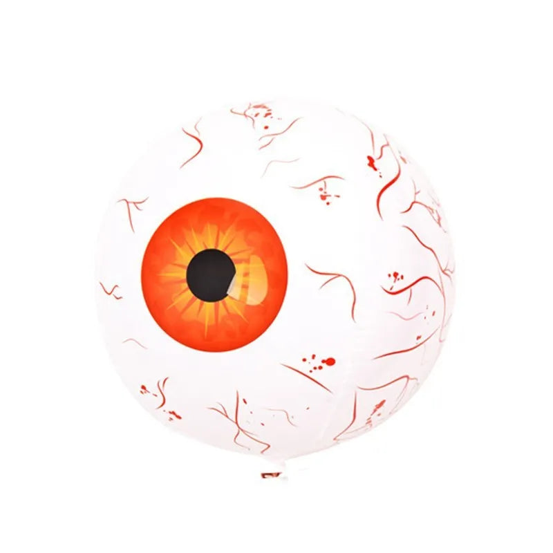 Large inflated green Halloween balloon with a detailed red bloodshot eyeball design.