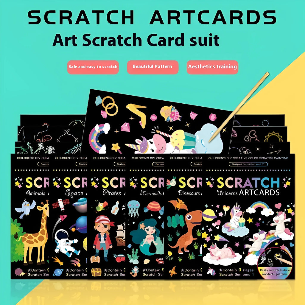 DIY graffiti scraping painting paper kit with scratch tool, showing colourful animal theme artwork revealed on black paper