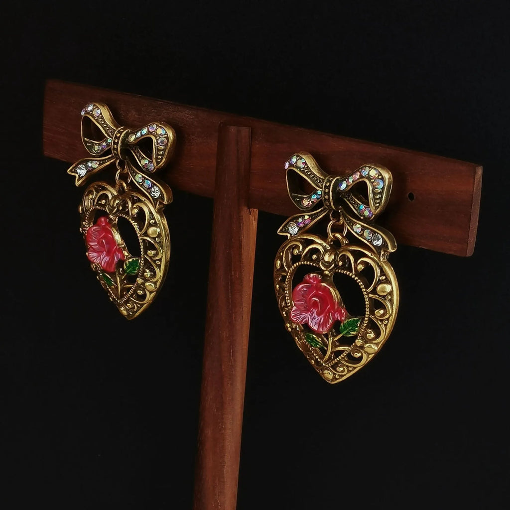 Inlaid zirconium bow hollow pattern love heart rose eardrop earring in copper alloy Chinese style earplug