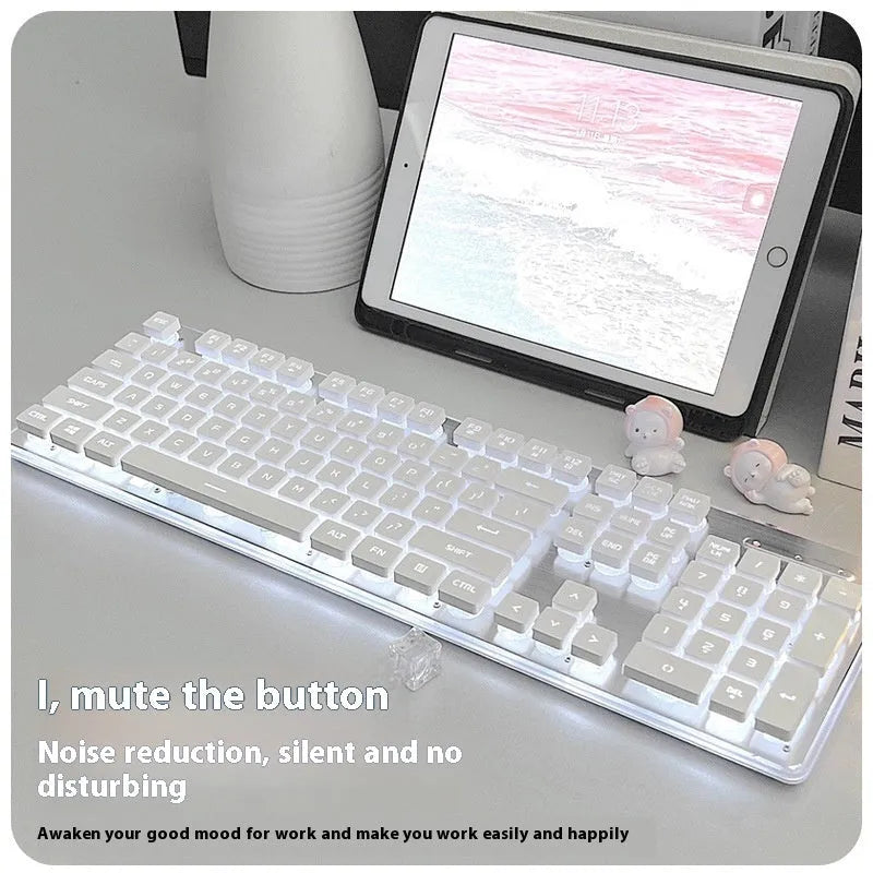 Wired mechanical feel keyboard with mute button in ABS plastic, showing white light variant