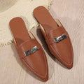 Light brown women's pointed-toe low heel semi-slippers with a PU upper and rubber sole.