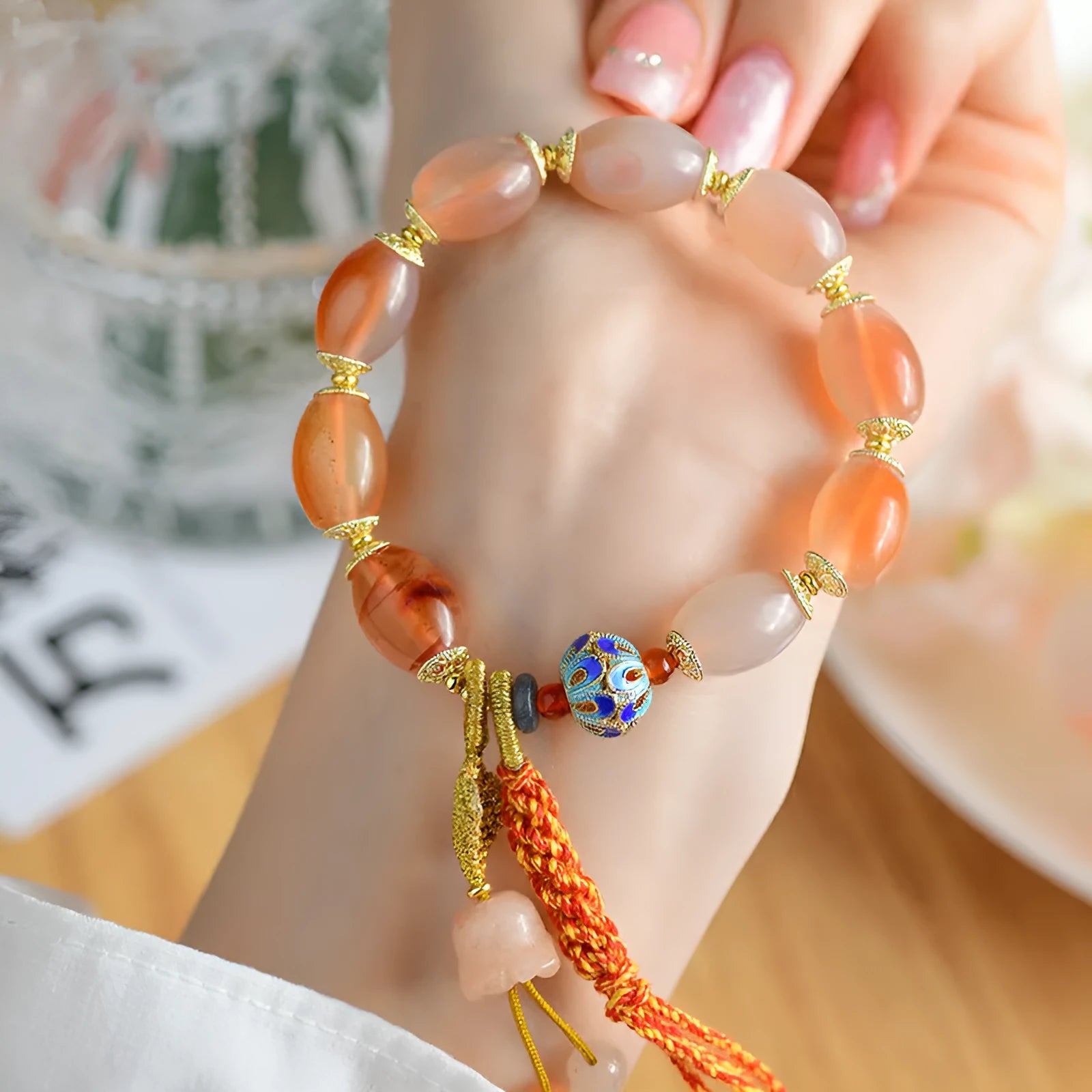 Jinsi jade agate Tibetan bracelet with geometric flower shapes and lily pattern in colour Z009