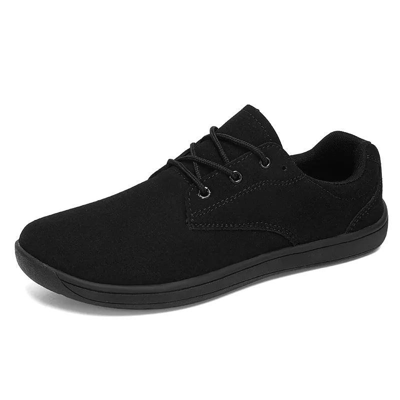 Men's suede large size casual flat shoes in black with stitching detail and rubber sole, size 42 shown