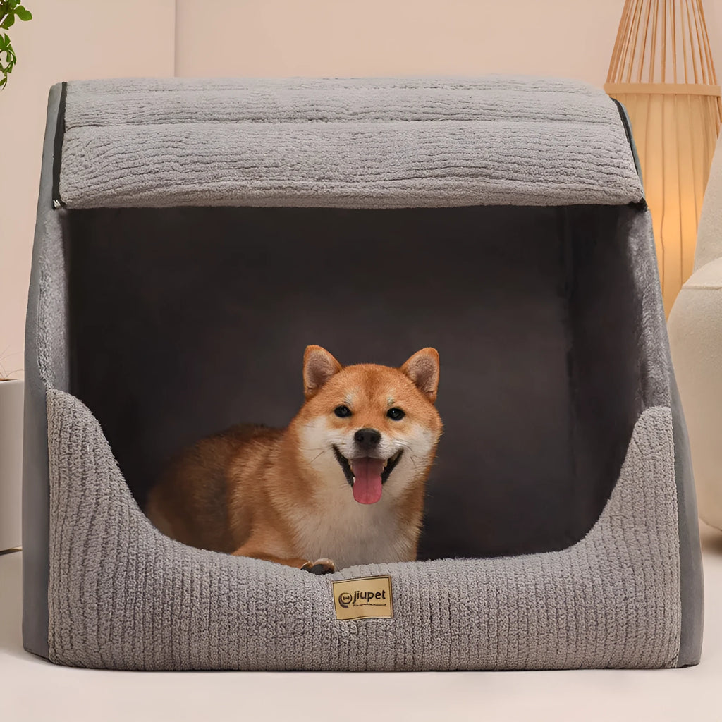 Warm medium large dog bed for Golden Retriever with removable washable cover in Classic Gray