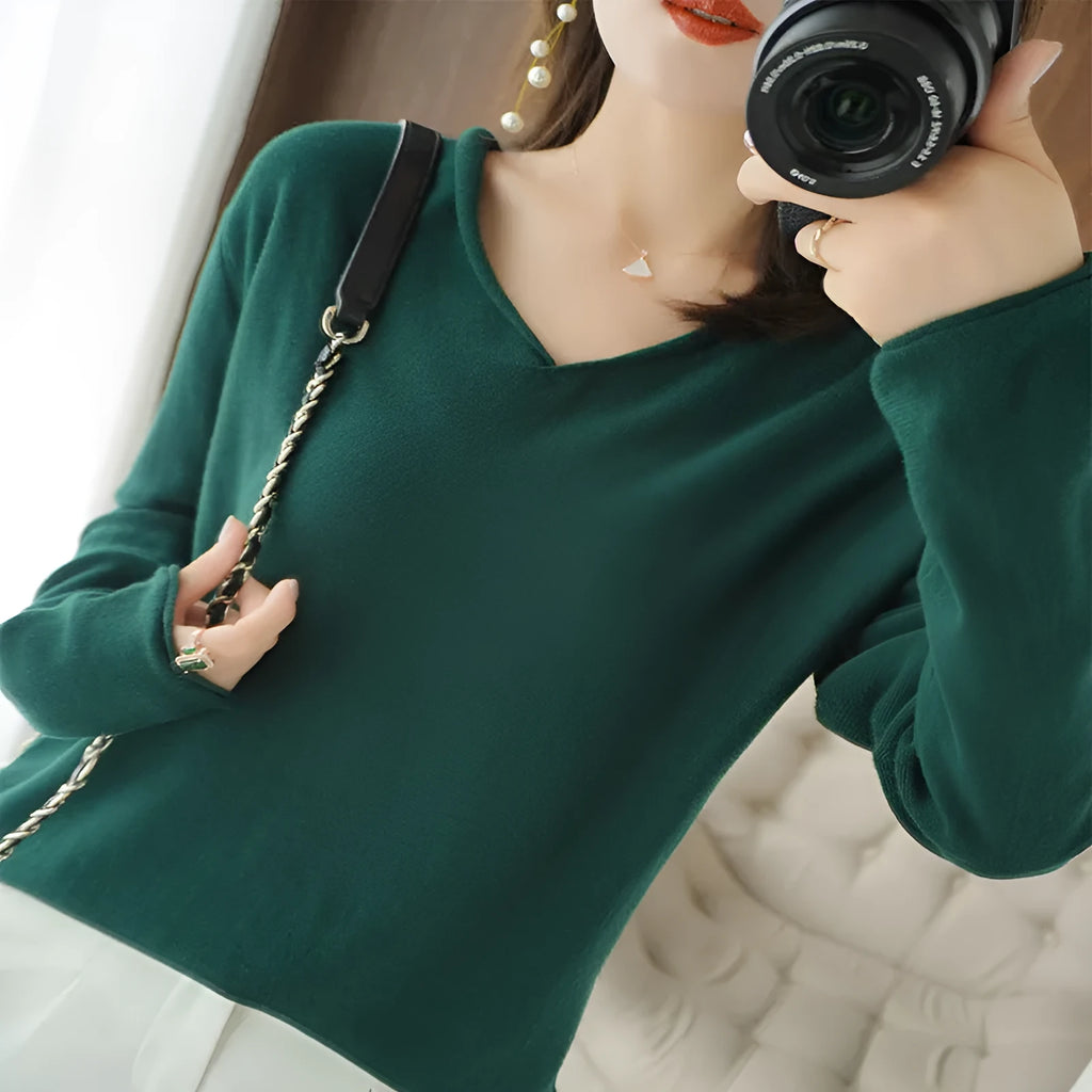 Women's V-neck long sleeve knitwear top in turmeric colour with pullover style and non-ironing fabric