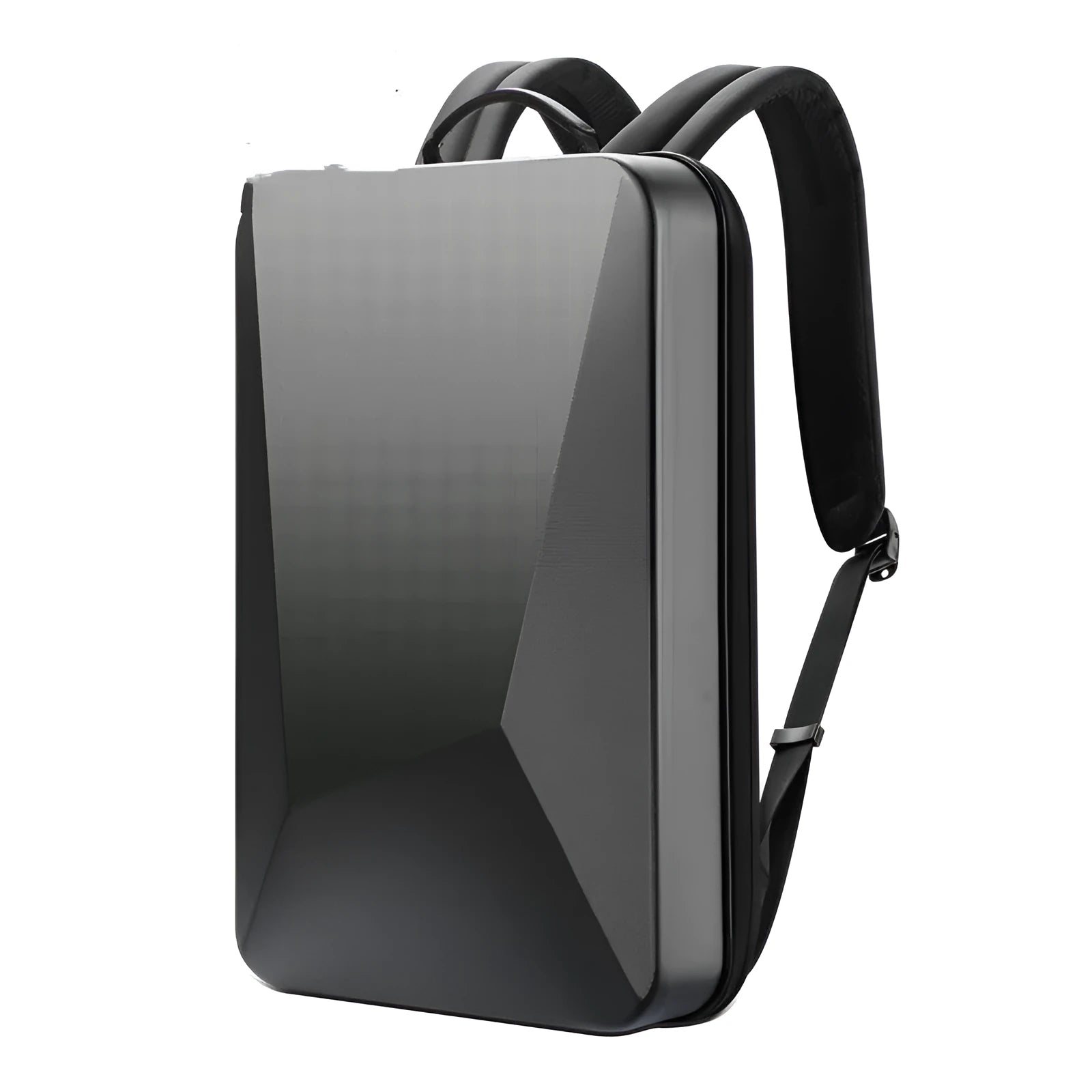 PC hard shell gaming backpack in black or silver with multiple compartments and shoulder straps