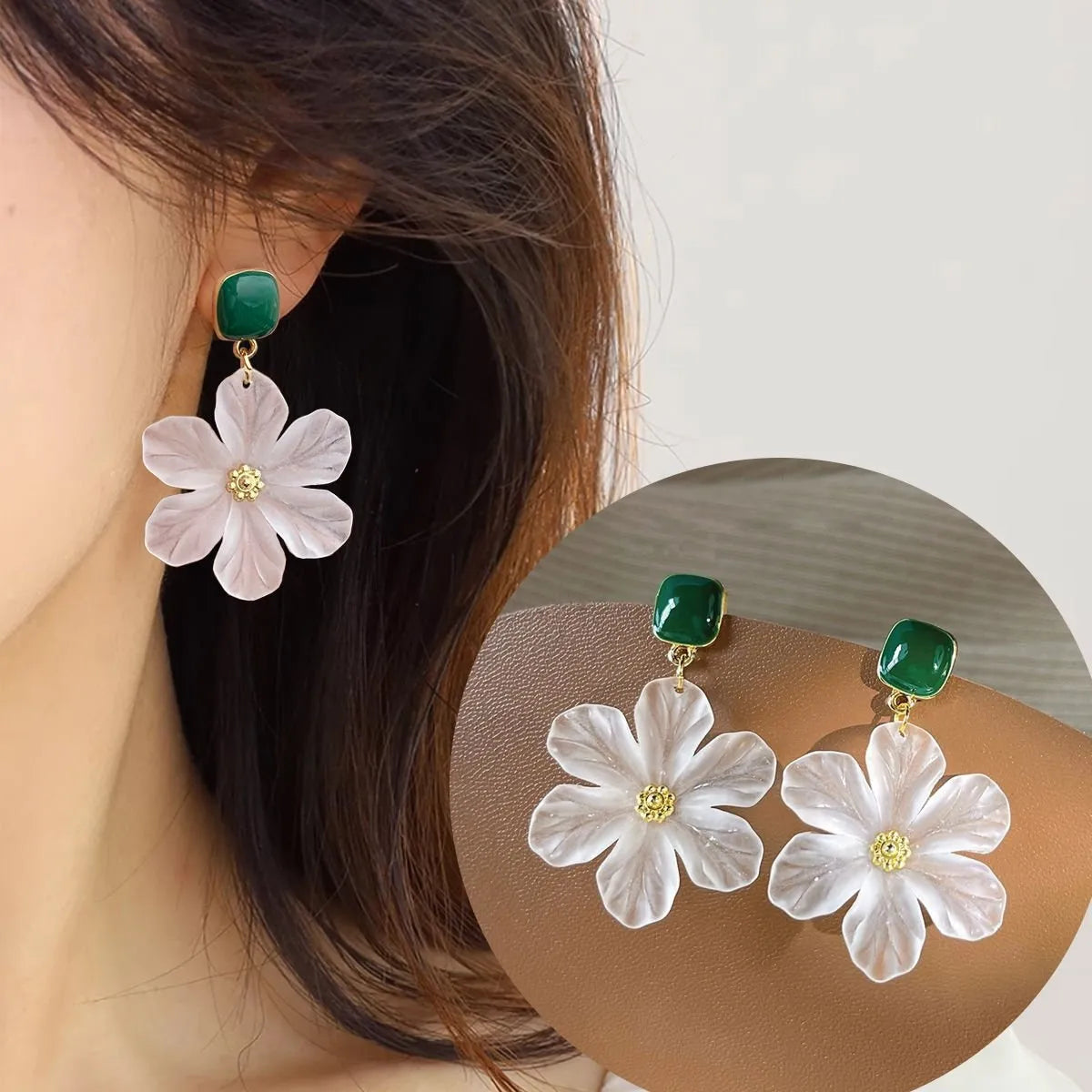 Dark green sweet earrings with needle flowers design, alloy material.