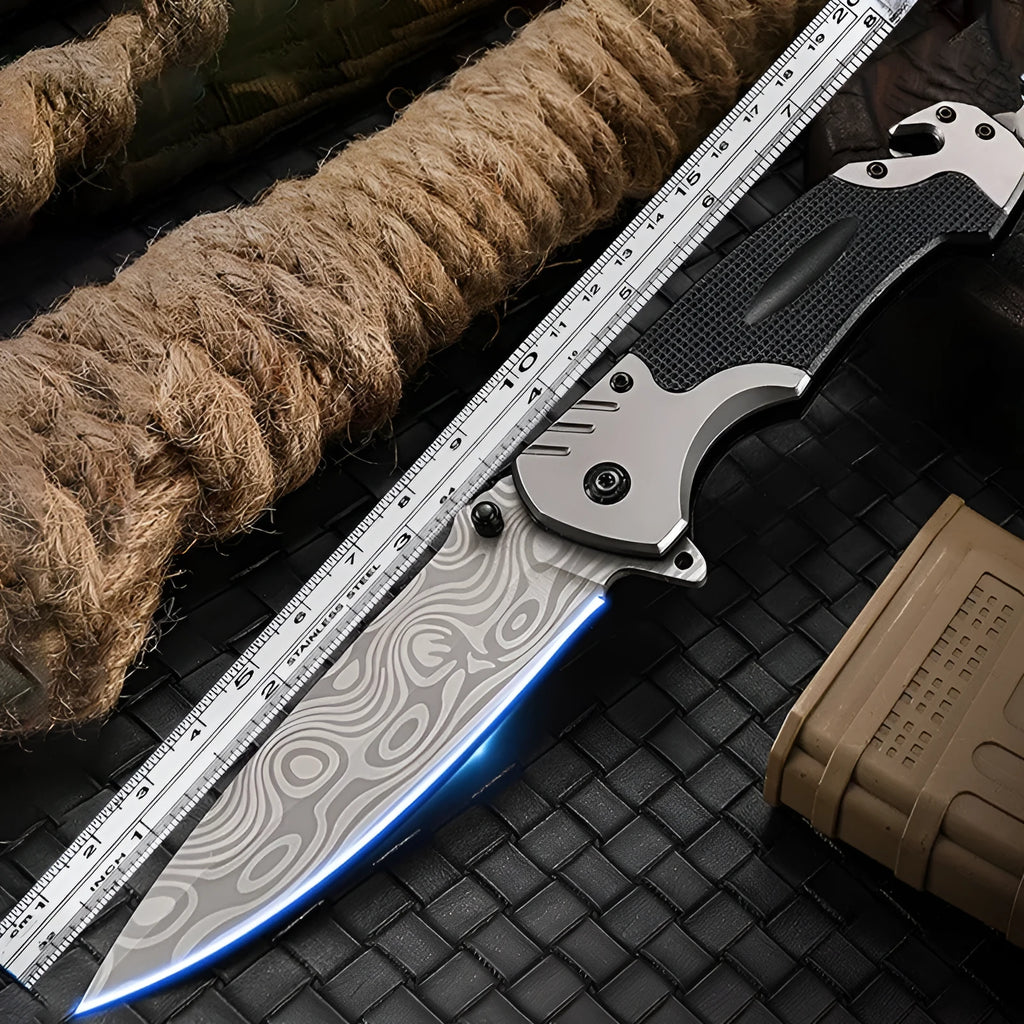 Alloy folding knife showing blade and handle with 60-degree tip angle