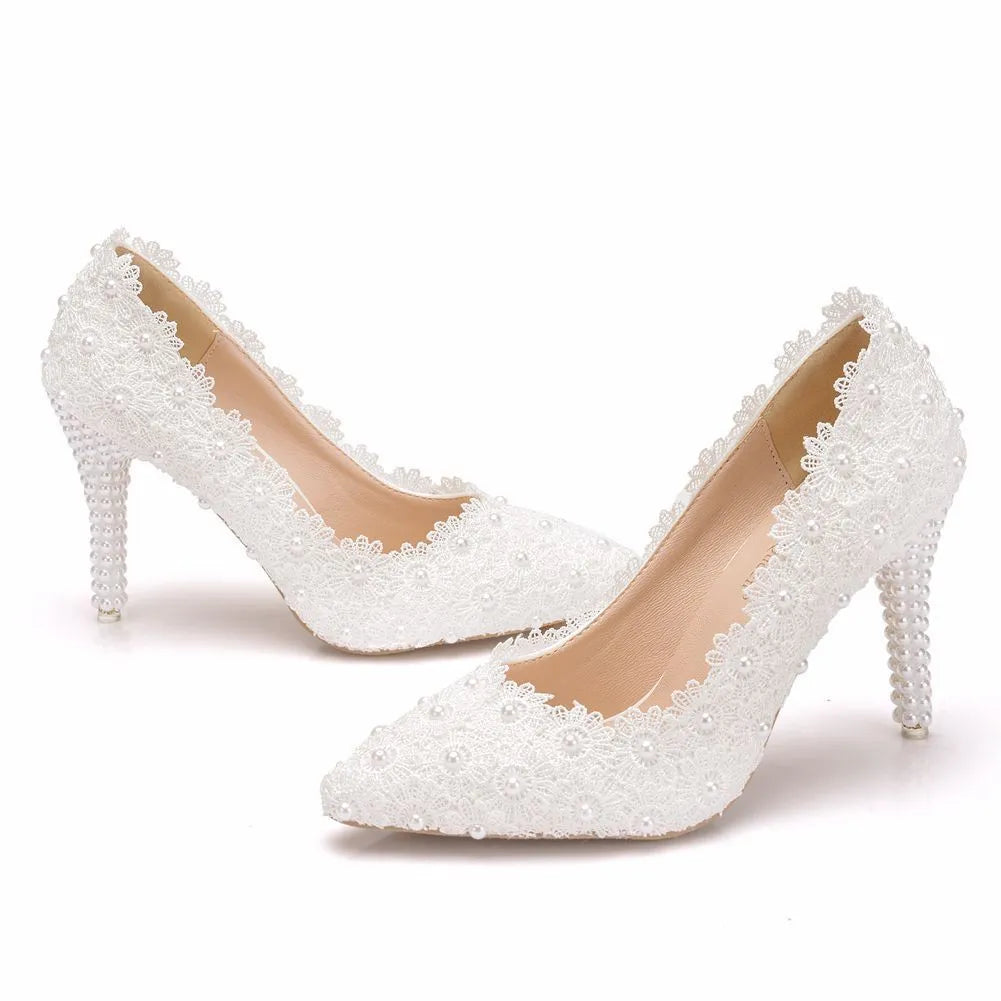 White pearl lace pointed toe stiletto heel wedding sandals with PU upper and rubber sole