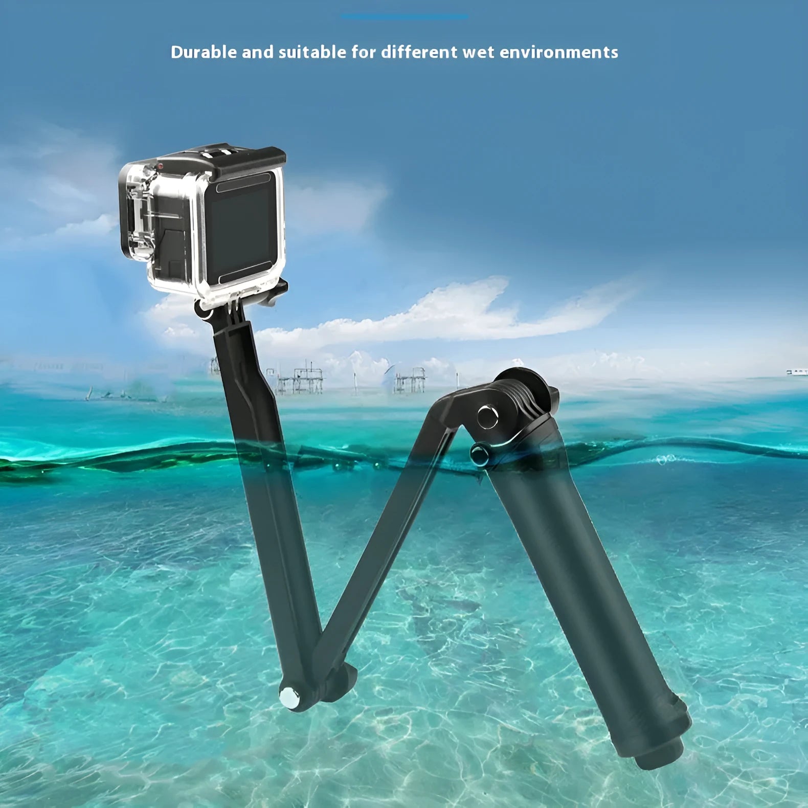 Black portable folding tripod stand for GoPro Hero action cameras.