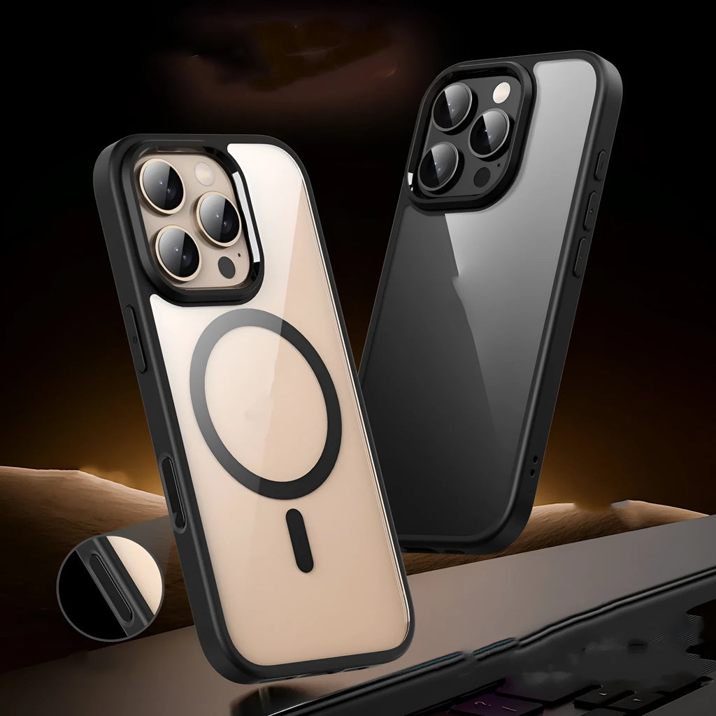 Clear black magnetic protective case for iPhone 16 Pro Max showing transparent back and camera cutout.