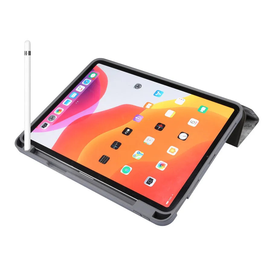 Tri-fold marbling imitation leather iPad case in dark grey with a built-in slot for an Apple Pencil.