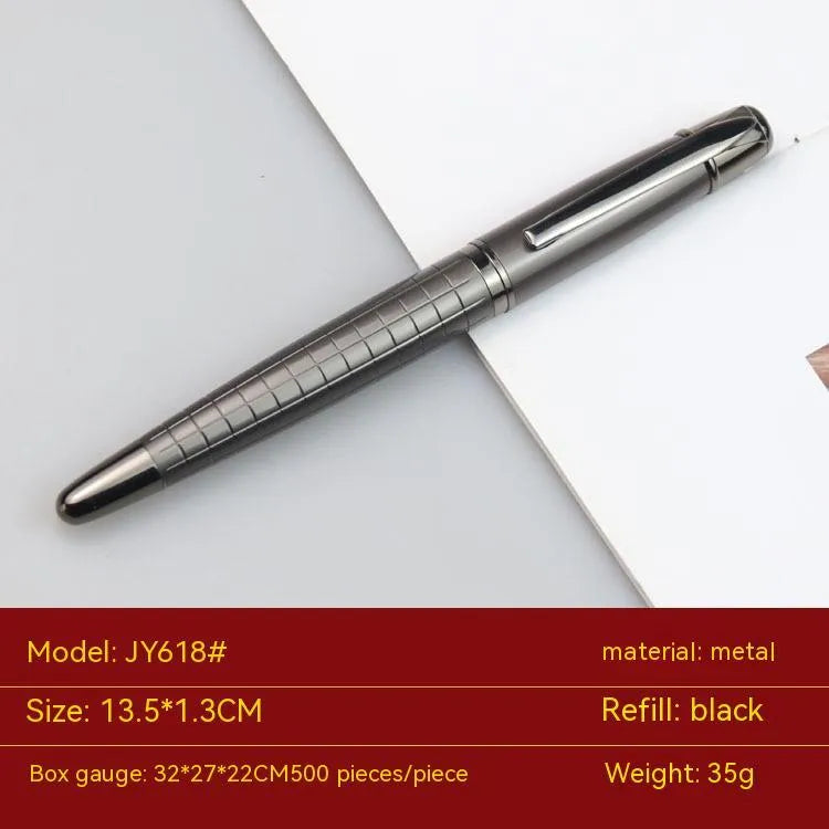 Gun grey metal rollerball pen shown with black and blue ink refill options