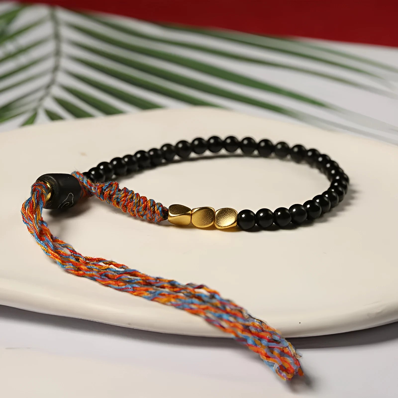 Hand-woven obsidian bead bracelet with adjustable 15.5-16cm strap