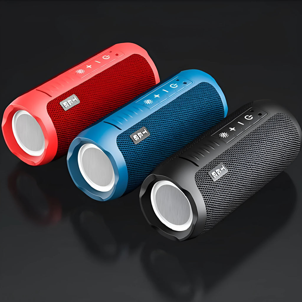 Black Bluetooth stereo mini desktop speaker with four speaker units and mesh grille