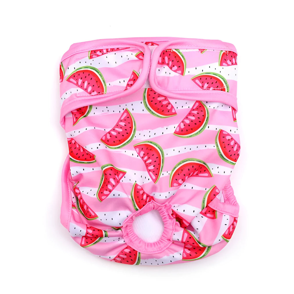 Cloth dog menstrual panties in pink watermelon with cartoon print on white background