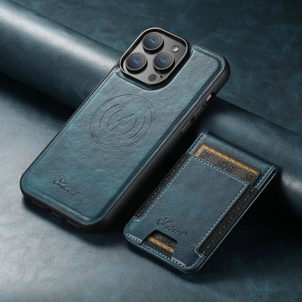 Handmade PU TPU plug-in card phone case with bracket and magnetic suction in lychee black finish